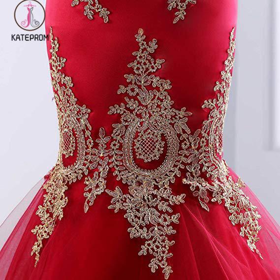 Floor Length Sweetheart Mermaid Red Prom Dress, Gold Appliqued Long Evening Dress KPP0593