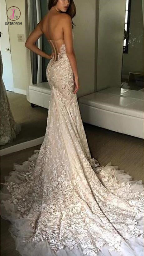 Luxurious Sweetheart Strapless Lace Wedding Dresses,Trumpet Court Train Bridal Gown KPW0129