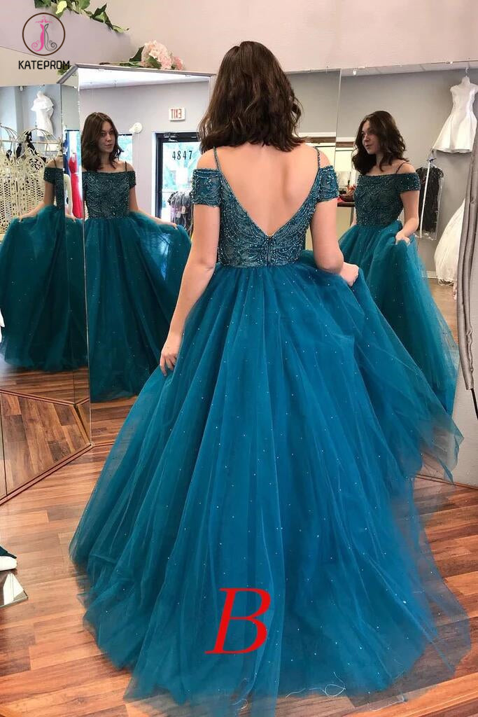Gray Sparkly Off the Shoulder Short Sleeves Beading Tulle Long Prom Dresses KPP0369