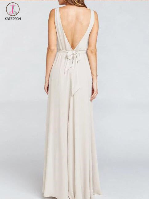 Simple Silver Sleeveless V-neck Ruched Floor-length Bridesmaid Dresses KPB0059