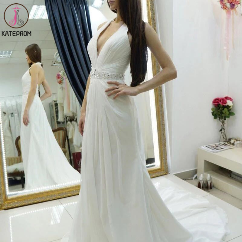 A-line Halter Chiffon Wedding Dress,Backless Court Train Bridal Dresses,Beach Wedding Dress KPW0040