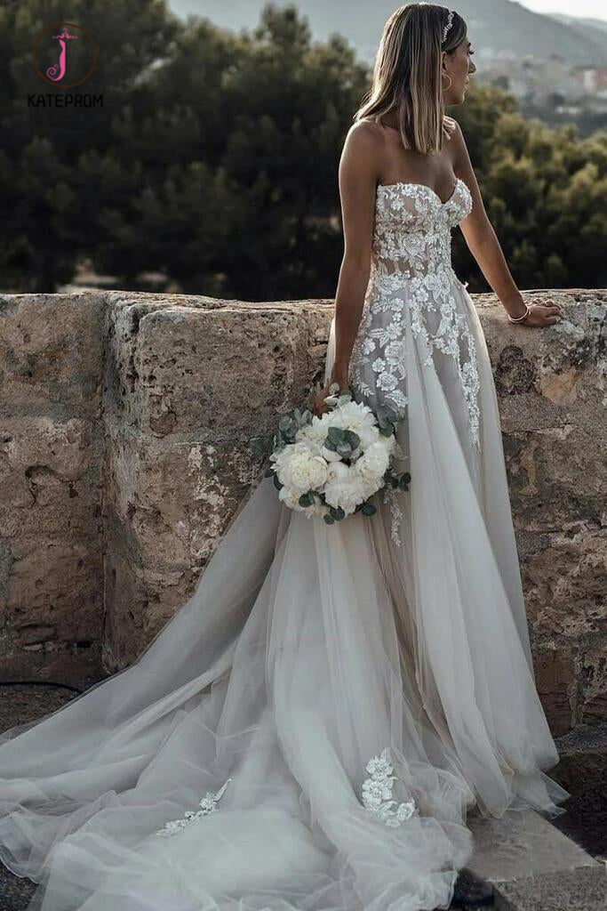 Boho Sweetheart Tulle Long Beach Wedding Dresses, Charming Appliques Bridal Dress KPW0319