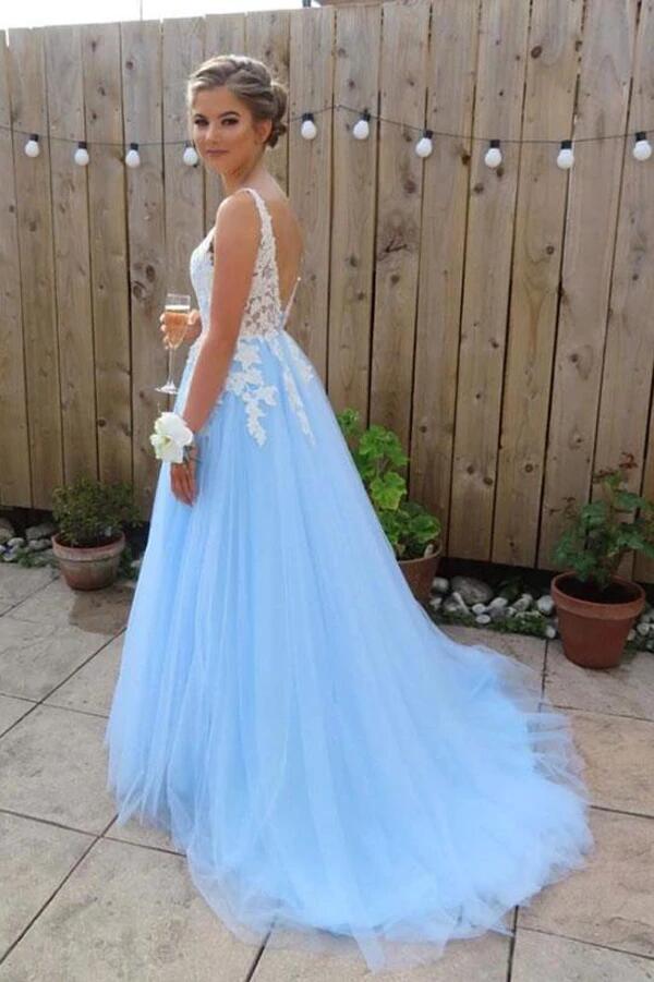 Elegant Blue Chiffon A line V neck Lace Long Prom Dresses, Evening Dress KPP0318