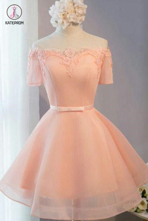 Pastel Orange Appliqued Tulle Off-shoulder Homecoming Dresses,Short Party Dress KPH0235