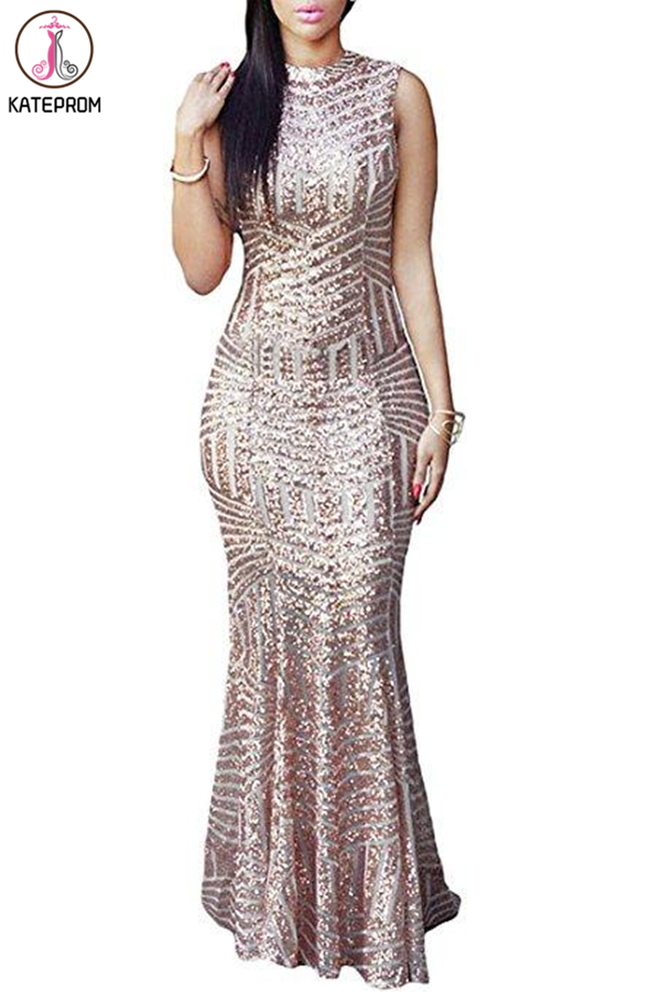 Skin Pink Mermaid Open Back Sleeveless Sequined Sweep Train Prom Dress,Sexy Evening Dress KPP0236