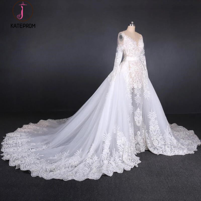 Gorgeous Long Sleeves Long Wedding Dresses, V Neck Long Bridal Dresses KPW0468
