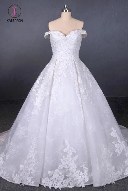 Ball Gown Off Shoulder Appliques Wedding Dresses, Puffy Lace Appliqued Bridal Dress KPW0494