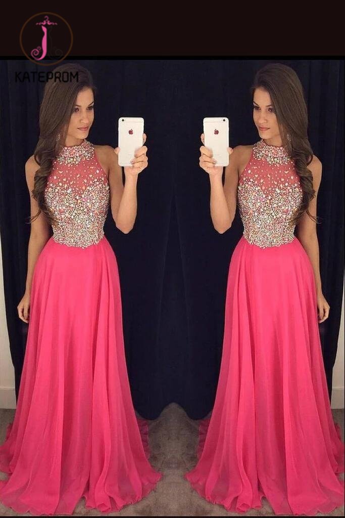 Gorgeous High Neck Prom Dress With Beads,Graduation Chiffon Formal Dress For Teens KPP0159