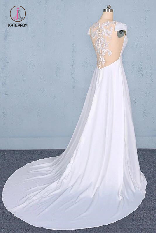 Simple A Line Cap Sleeves Wedding Dress with Lace, Long Bridal Dress with Lace KPW0493
