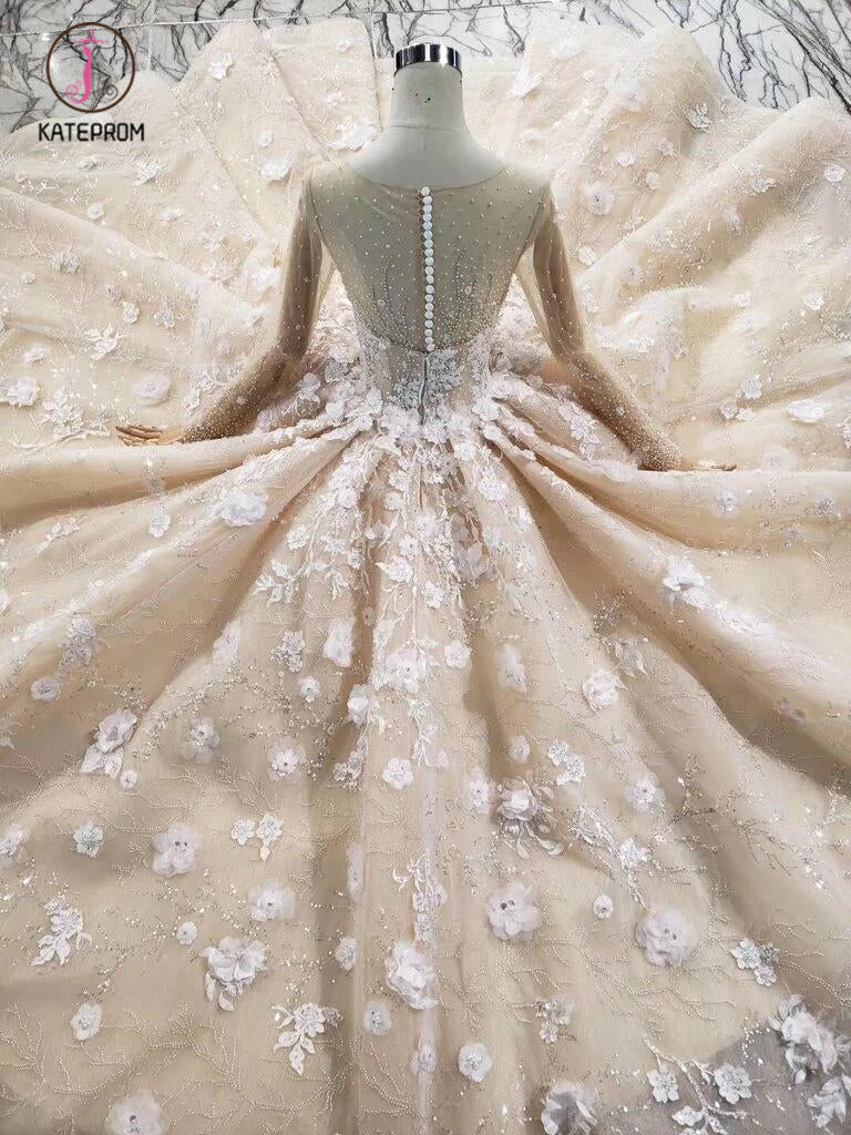 Princess Long Sleeves Ball Gown Wedding Dresses, Puffy Wedding Gown with Beads KPW0336