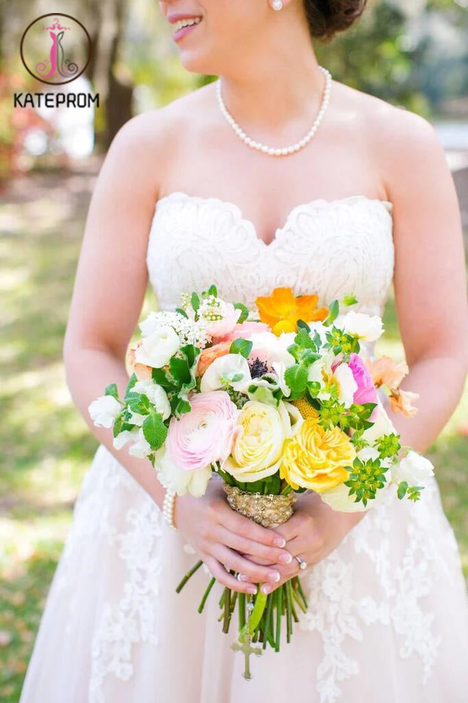 Light Pink Sweetheart Wedding Gown,Tulle Beach Wedding Dress,Lace Appliqued Bridal Dress KPW0045
