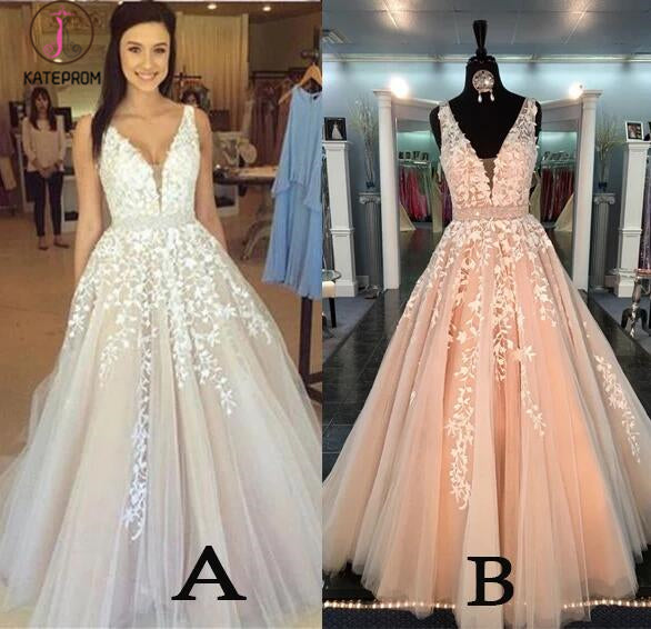 A-line V Neck Long Sexy Prom Dress,Lace Appliques Long Wedding Dresses KPW0018