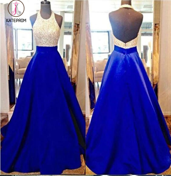 Royal Blue Halter Sleeveless Sparkly Long Prom Dresses with Beading,Backless Formal Dress KPP0226