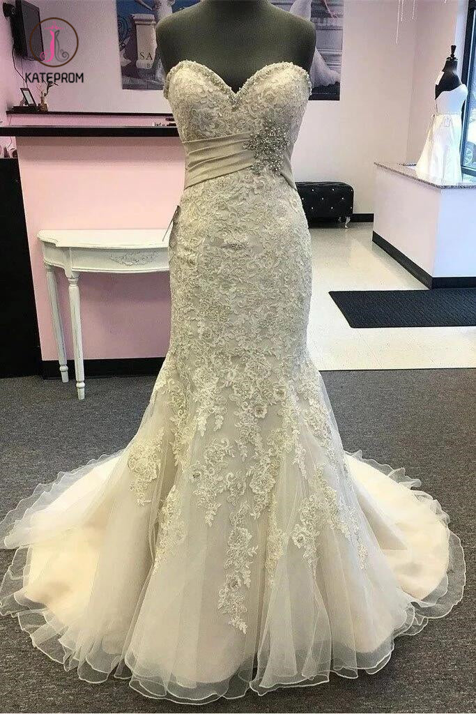 Elegant Sweetheart Mermaid Beach Wedding Dress with Beading, Lace Appliqued Bridal Dress KPW0514