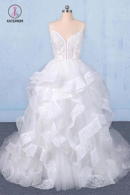 Spaghetti Straps Floor Length Tulle Wedding Dress with Ruffles, Long Bridal Dress KPW0489