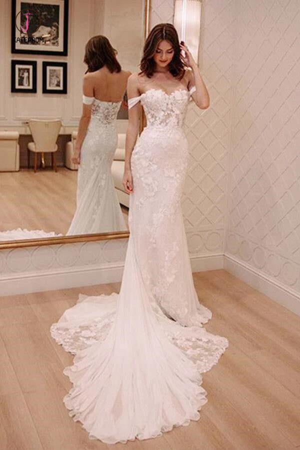 Sexy Off Shoulder Appliqued Beach Wedding Dress with Court Train, Ivory Bridal Dress KPW0225