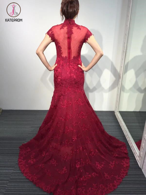 Burgundy Lace Short Sleeve High Neck Mermaid Sweep Train Evening Dress,Vintage Prom Dress KPP0245