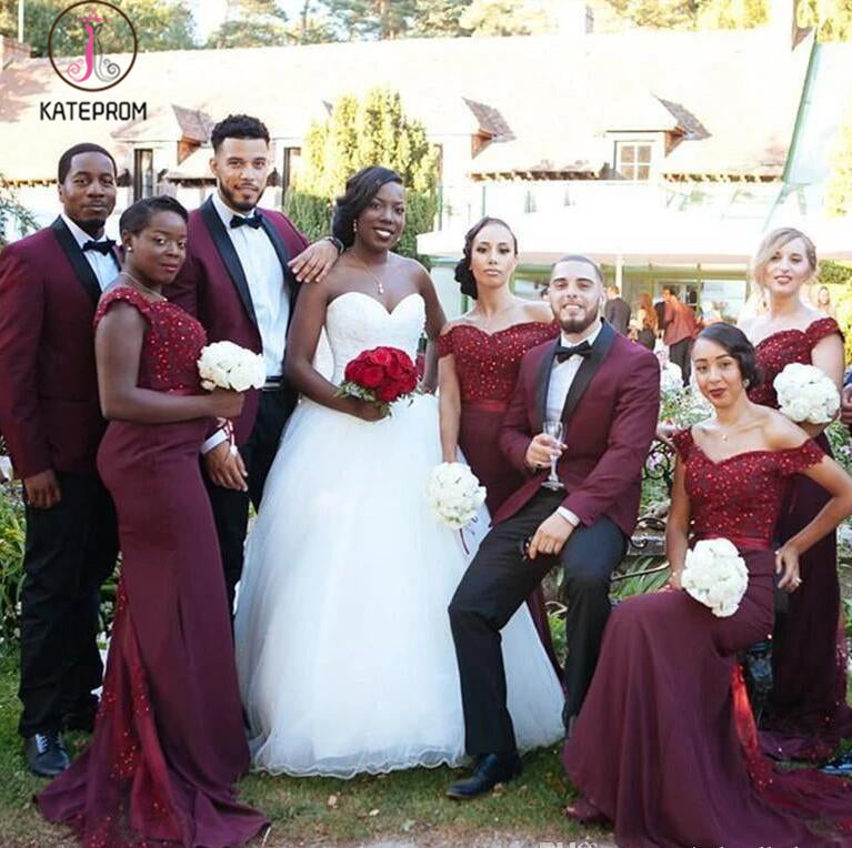 Elegant Mermaid Off Shoulder Beaded Bodice Sweep Train Bridesmaid Dress with Ribbon KPB0112