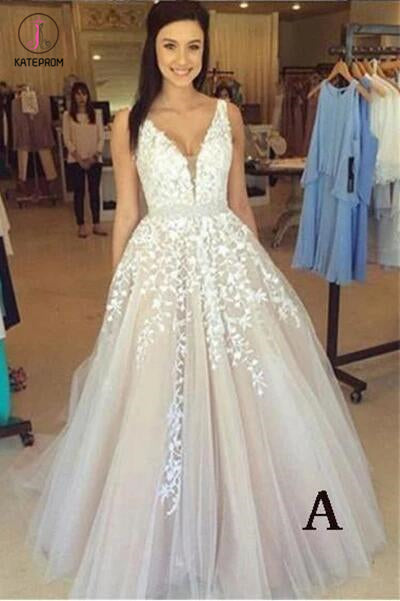 A-line V Neck Long Sexy Prom Dress,Lace Appliques Long Wedding Dresses KPW0018