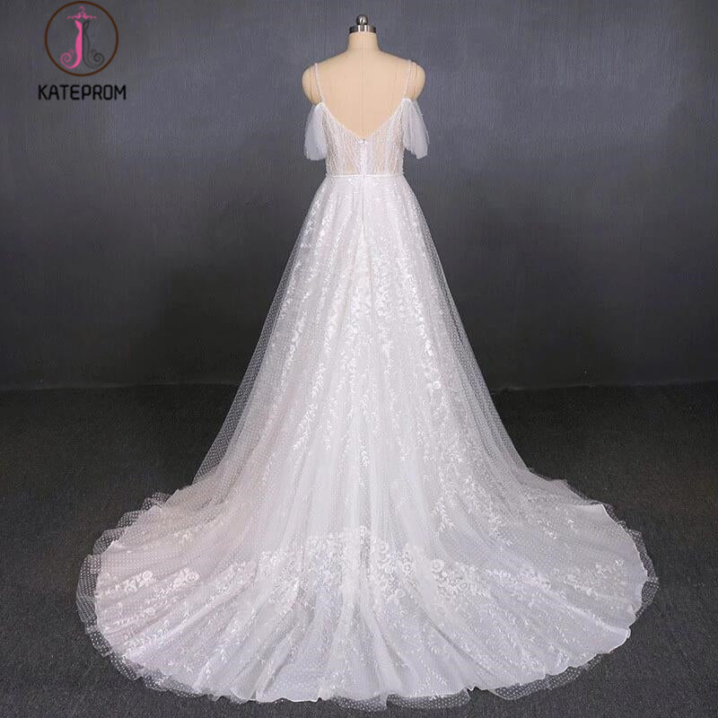 Elegant Sexy Spaghetti Straps Lace Wedding Dress, A Line V Neck Beach Wedding Dress KPW0495