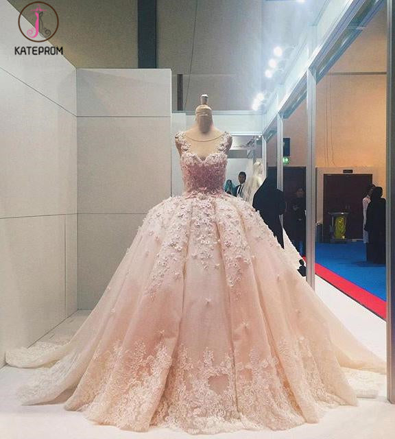 Ball Gown Sleeveless Lace Appliqued Tulle Prom Dresses, Quinceanera Dress Wedding Dress KPP0498