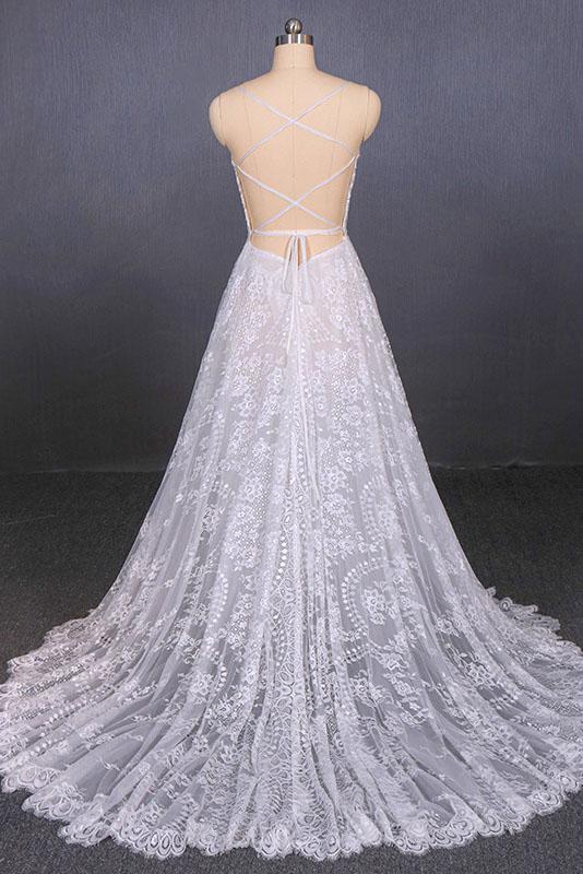 Spaghetti Straps Sweetheart Lace Wedding Dresses, Lace Bridal Dresses with Long Train KPW0464