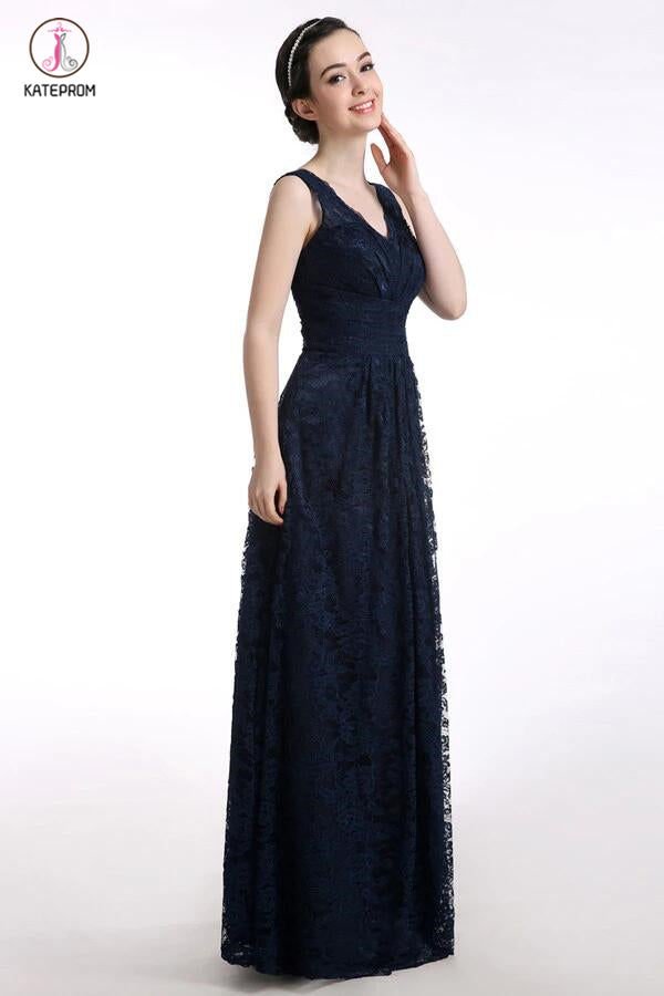 V-neck Lace Straps Navy Blue Long Prom Dress KPP0117