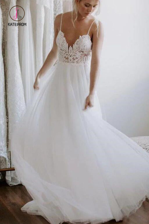 Ivory Backless Spaghetti Straps Tulle Beach Wedding Dresses, Lace Applique Bridal Dress KPW0520