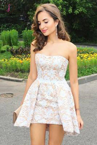 A-line Strapless Mini Lace Homecoming Dresses,Short Grad Dress,Sexy Junior Dresses KPH0247