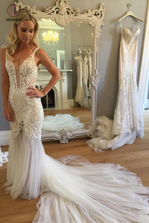 Mermaid Lace Deep V-neck Sleeveless Long Tulle Beach Wedding Dress,Bridal Gown KPW0159