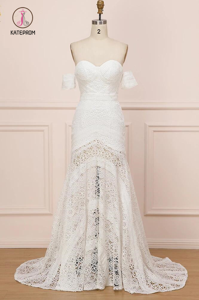 Modest Sweetheart Neck Lace Bridal Dress Beach Wedding Dresses, Sexy Boho Bridal Dress KPW0456