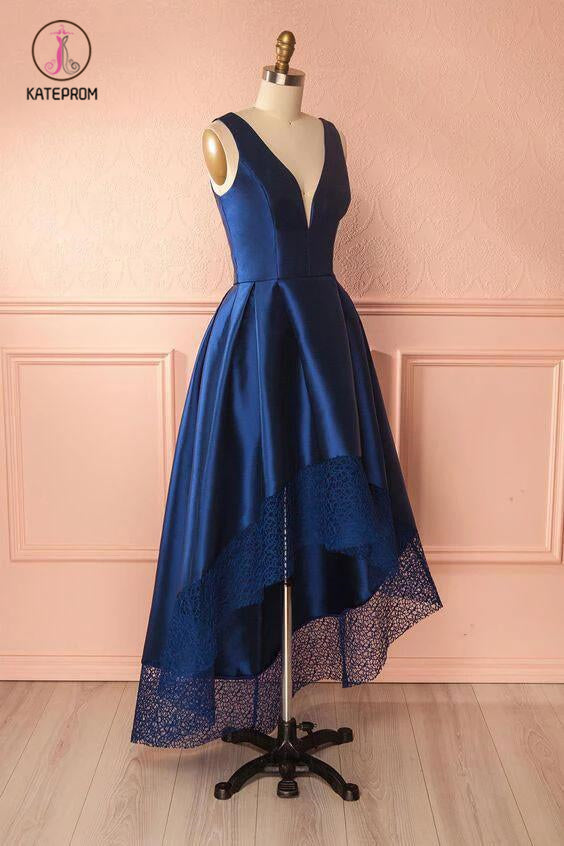 High Low Deep V Neck Sleeveless Prom Dress with Lace, High-low Bridesmaid Dress KPB0126