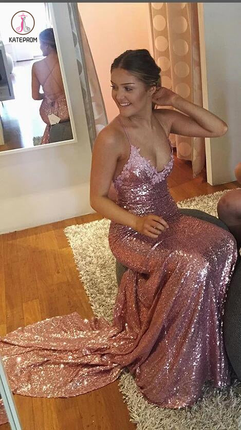 Gorgeous Rose Gold Spaghetti Straps V-neck Mermaid Sequins Sweep Train Prom Dress KPP0243