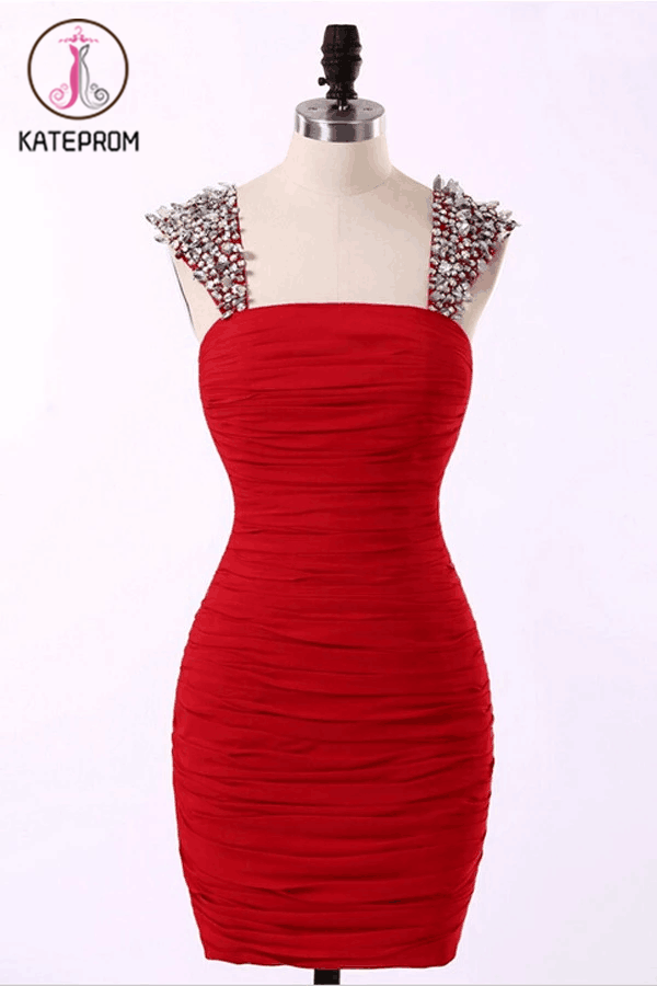 Straps Short Chiffon Red Prom Dresses Homecoming Dress KPH0087