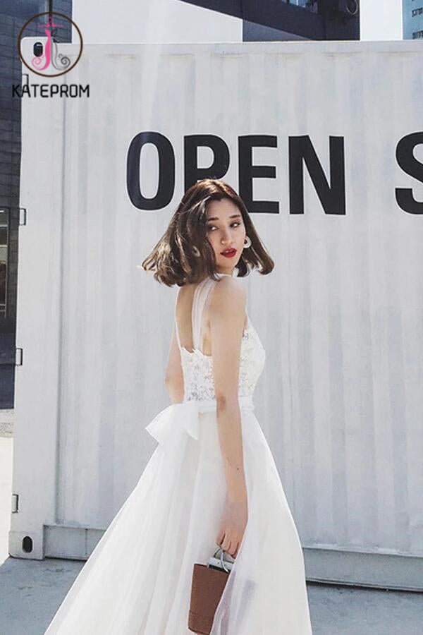 Newest Applique Simple Tulle Wedding Gown,Beach Wedding Dress With Train KPW0052