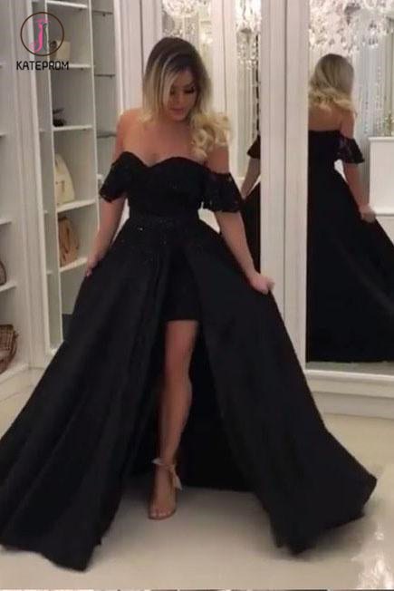 Black Off Shoulder Long Evening Dress with Lace, Unique Split Prom Dress with Lace KPP0514