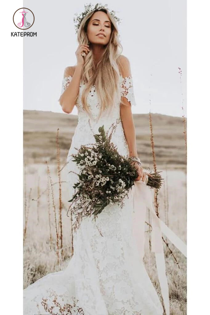 Mermaid Off the Shoulder Lace Beach Wedding Dress, Long Rustic Wedding Dresses KPW0445