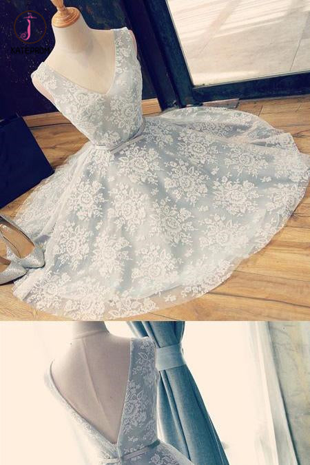 A Line V neck Ruched Lace Homecoming Dress,Sleeveless Lace Short Prom Dresses with Belt KPH0175