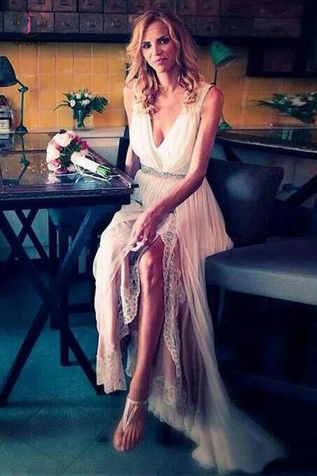 Flowing V-Neck A-Line Split Wedding Dresses With Lace, Beach Wedding Dress with Beads KPW0220