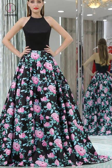 Black A-line Halter Sleeveless Floral Long Prom Dress,Elegant Prom Gown KPP0371