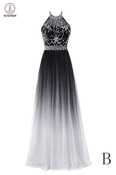 A-line Halter Gradient Chiffon Long Prom Dress Ombre Beads Evening Dresses KPP0209