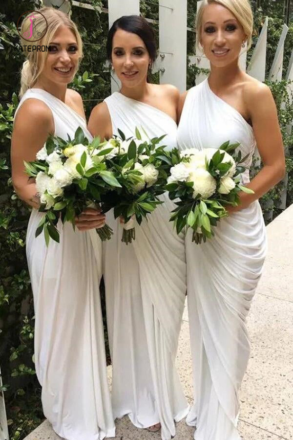 White Sheath One-Shoulder Sleeveless Ruched Chiffon Bridesmaid Dress with Pleats KPB0172