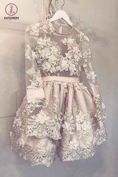 Cute Long Sleeve Homecoming Dress Hand-Made Flower Short Prom Dress Party Dress KPH0229