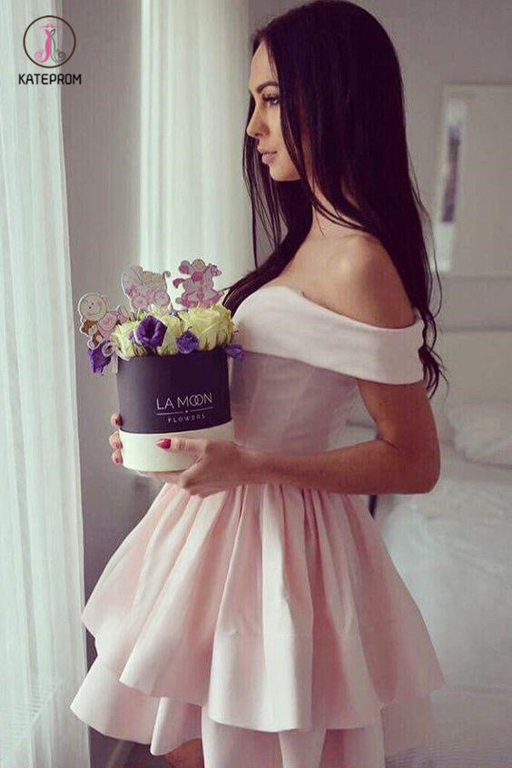 Pink Off-the-Shoulder Ruffles Satin Homecoming Dress,Party Dresses,Chic Fashion Dresses KPH0242