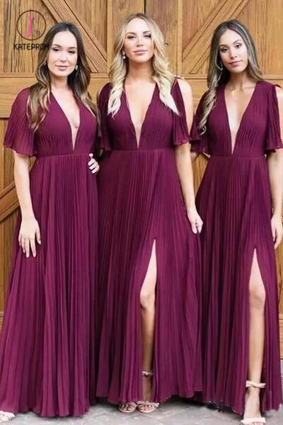 Simple Deep V Neck Short Sleeve Side Slit Long Bridesmaid Dresses with Pleats KPB0189