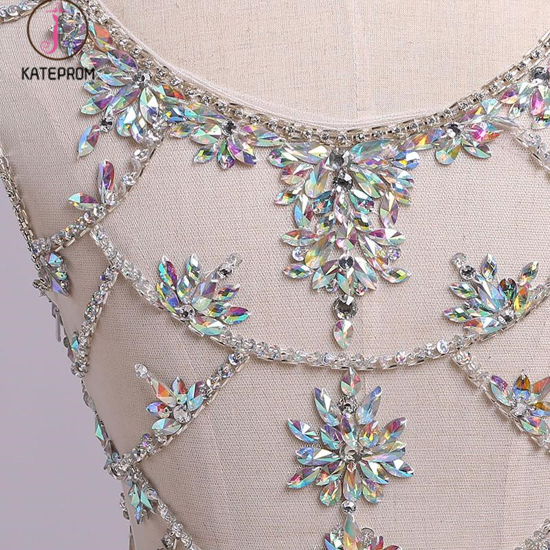 White Mermaid Sleeveless Split Prom Dress with Sequins, Sweep Train Dress with Rhinestones KPP0576