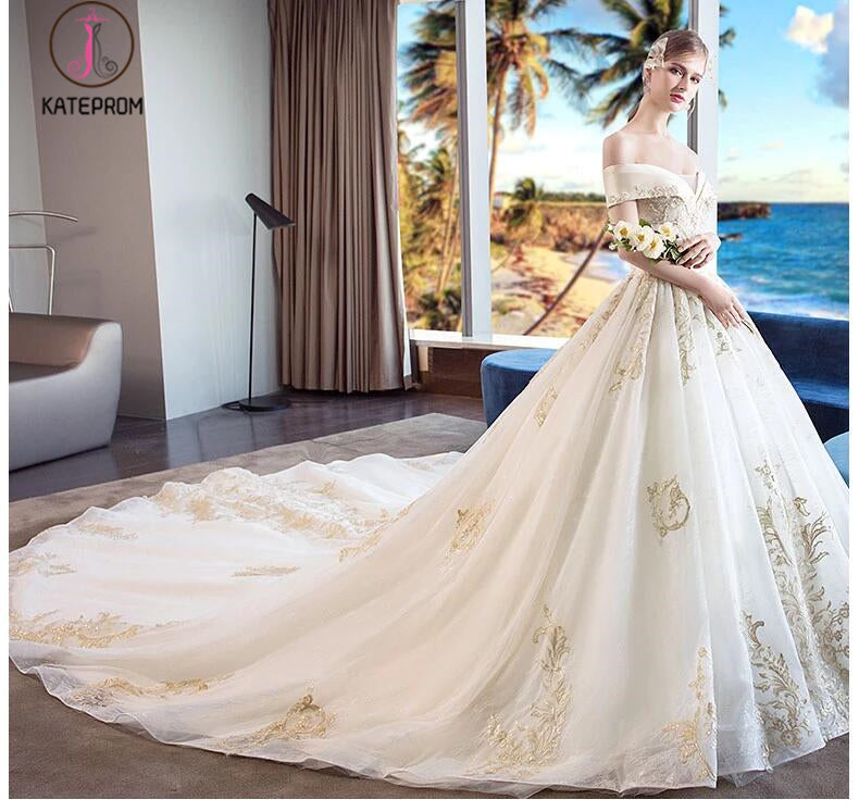 Gorgeous Off the Shoulder Ball Gown Wedding Dress, Long Appliques Bridal Dress KPW0322