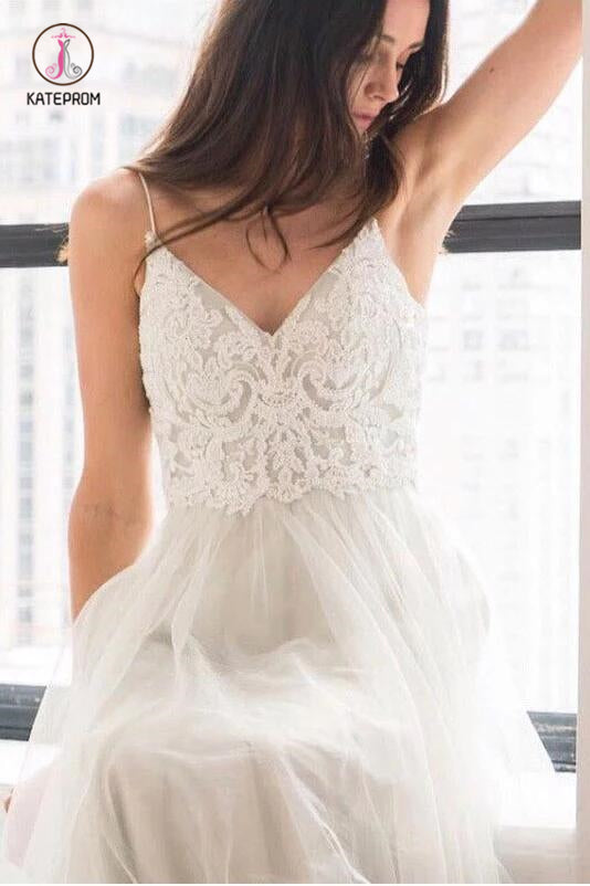Spaghetti Strap Beach Wedding Dress, V Neck Tulle Long Prom Dress with Lace KPW0331