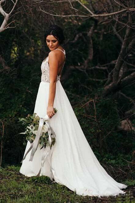 Spaghetti Strap Beaded Ivory Chiffon Country Wedding Dress, Boho Wedding Dress KPW0312