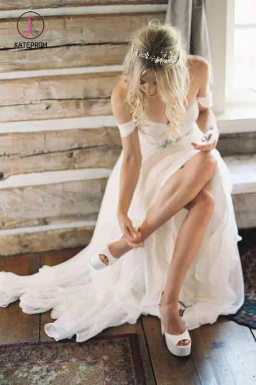 Simple Off the Shoulder Beach Wedding Dress with Beading Waist, Ivory Wedding Dress KPW0287